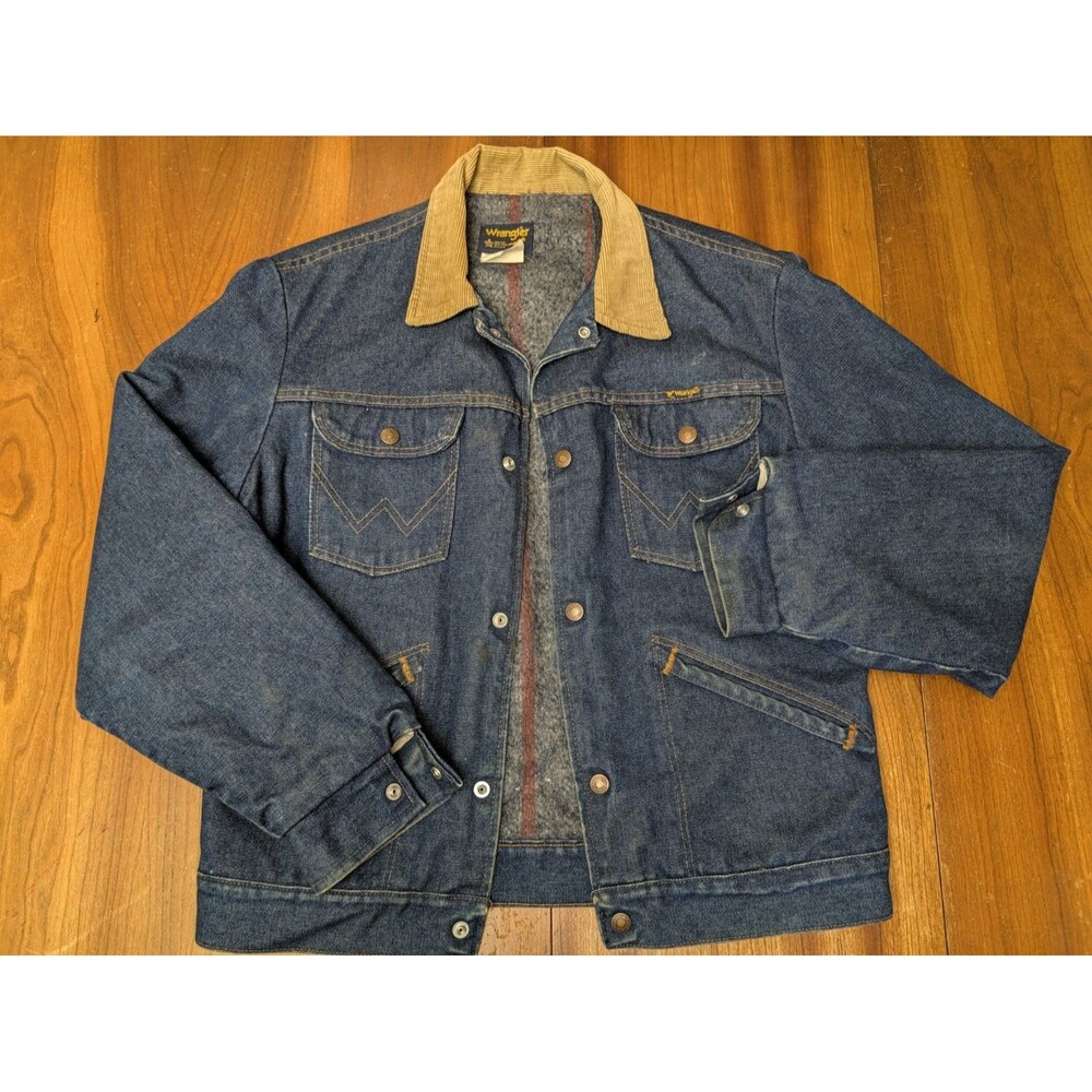 Vintage 80s Wrangler Blanket Lined Denim Jacket Corduroy Collar 40 USA Made Dark
